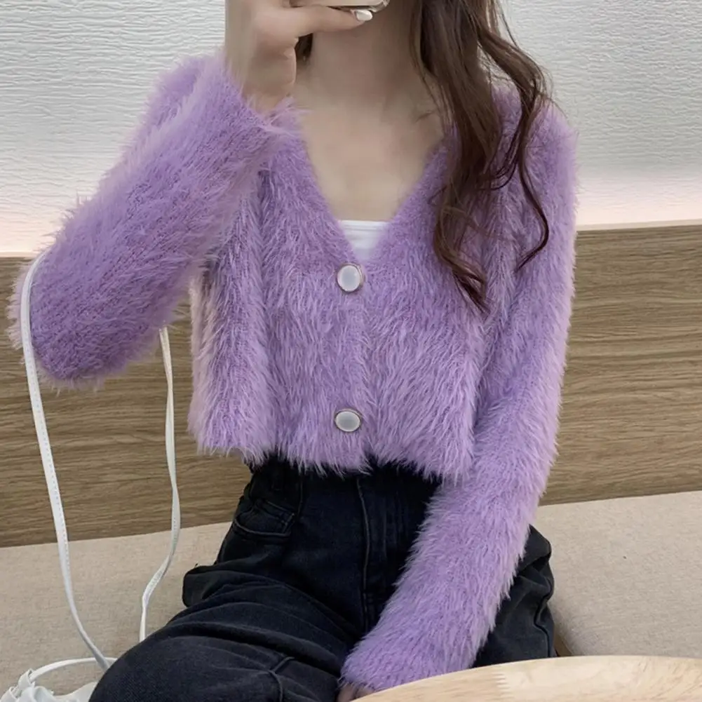 Women Cardigan V Neck Long Sleeve Solid Color Two Buttons Autumn Winter Fuzzy Copped Sweater for Daily Wear
Women Cardigan V Neck Long Sleeve Solid Color Two Buttons Autumn Winter Fuzzy Copped Sweater for Daily Wear