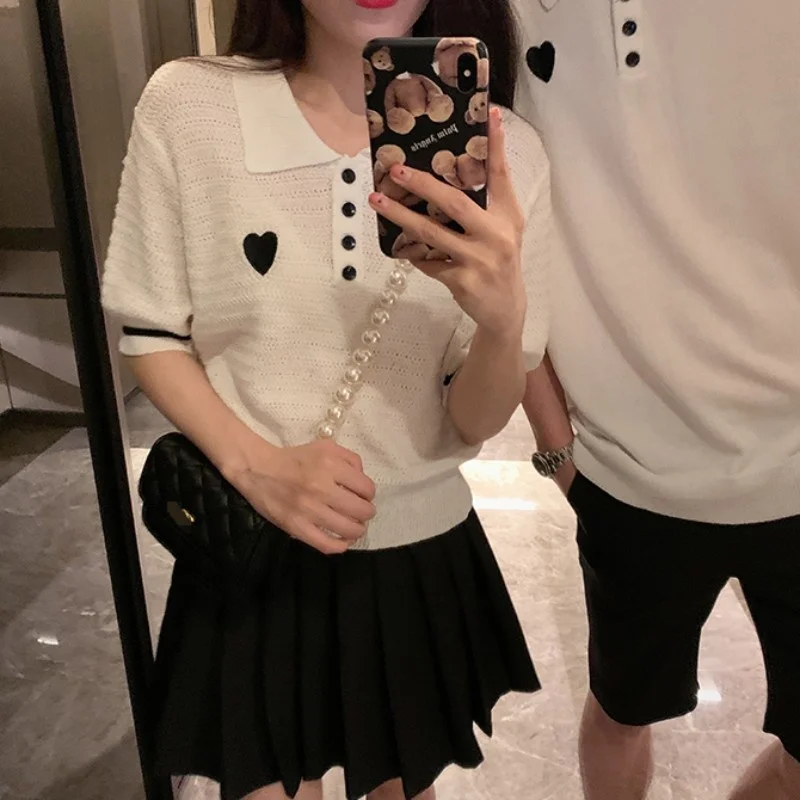 Knitted Women T Shirt Preppy Style Turn-Down Collar Short Sleeve White Tees Tops Loose Fit Summer Casual Female Printed T Shirt
Knitted Women T Shirt Preppy Style Turn-Down Collar Short Sleeve White Tees Tops Loose Fit Summer Casual Female Printed T Shirt