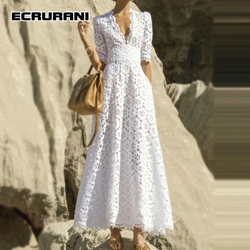 Ажурное белое платье ECRURANI для женщин, V-образный вырез, рукав до локтя, высокая талия, тонкие элегантные однотонные миди-платья для женщин, новинка весны 2022
Ажурное белое платье ECRURANI для женщин, V-образный вырез, рукав до локтя, высокая талия, тонкие элегантные однотонные миди-платья для женщин, новинка весны 2022