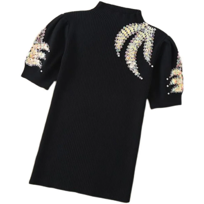 New arrival fashion diamond sequined beading knitted t-shirt women half turtleneck slim top tees
New arrival fashion diamond sequined beading knitted t-shirt women half turtleneck slim top tees