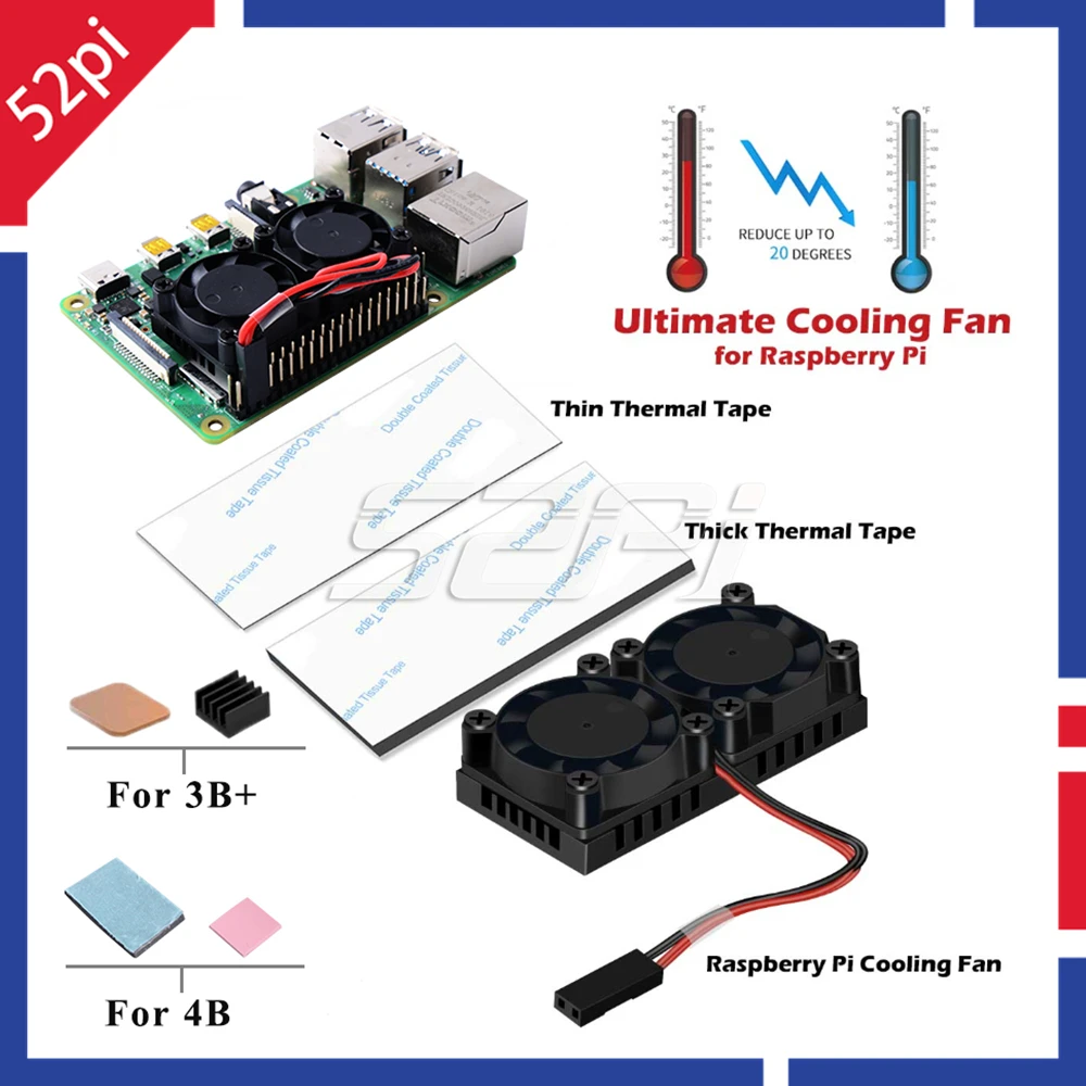 52Pi Newest Version! Dual Fan Heatsink With Double Cooling Fans For Raspberry Pi 4 Model B / 3 Model B Plus
52Pi Newest Version! Dual Fan Heatsink With Double Cooling Fans For Raspberry Pi 4 Model B / 3 Model B Plus