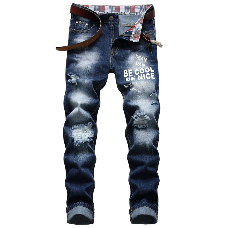 Summer Men's Trend Thin Blue Daily Jeans Straight Hole Casual Printing Letter Elastic Force Fashion Jeans Trousers Male Brand
Summer Men's Trend Thin Blue Daily Jeans Straight Hole Casual Printing Letter Elastic Force Fashion Jeans Trousers Male Brand