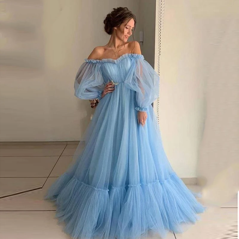 Cocomelody 2021 Elegant Prom Dress Ruffed Off the Shoulder Long Puff Sleeves A-Line Tulle Blue Pink Evening Gown Corset Party
Cocomelody 2021 Elegant Prom Dress Ruffed Off the Shoulder Long Puff Sleeves A-Line Tulle Blue Pink Evening Gown Corset Party