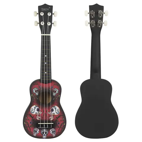 IRIN 21-inch 4-string Ukulele Skull Pattern Solid Wood Small Guitar Stringed Instrument Suitable for Children and Music Lovers