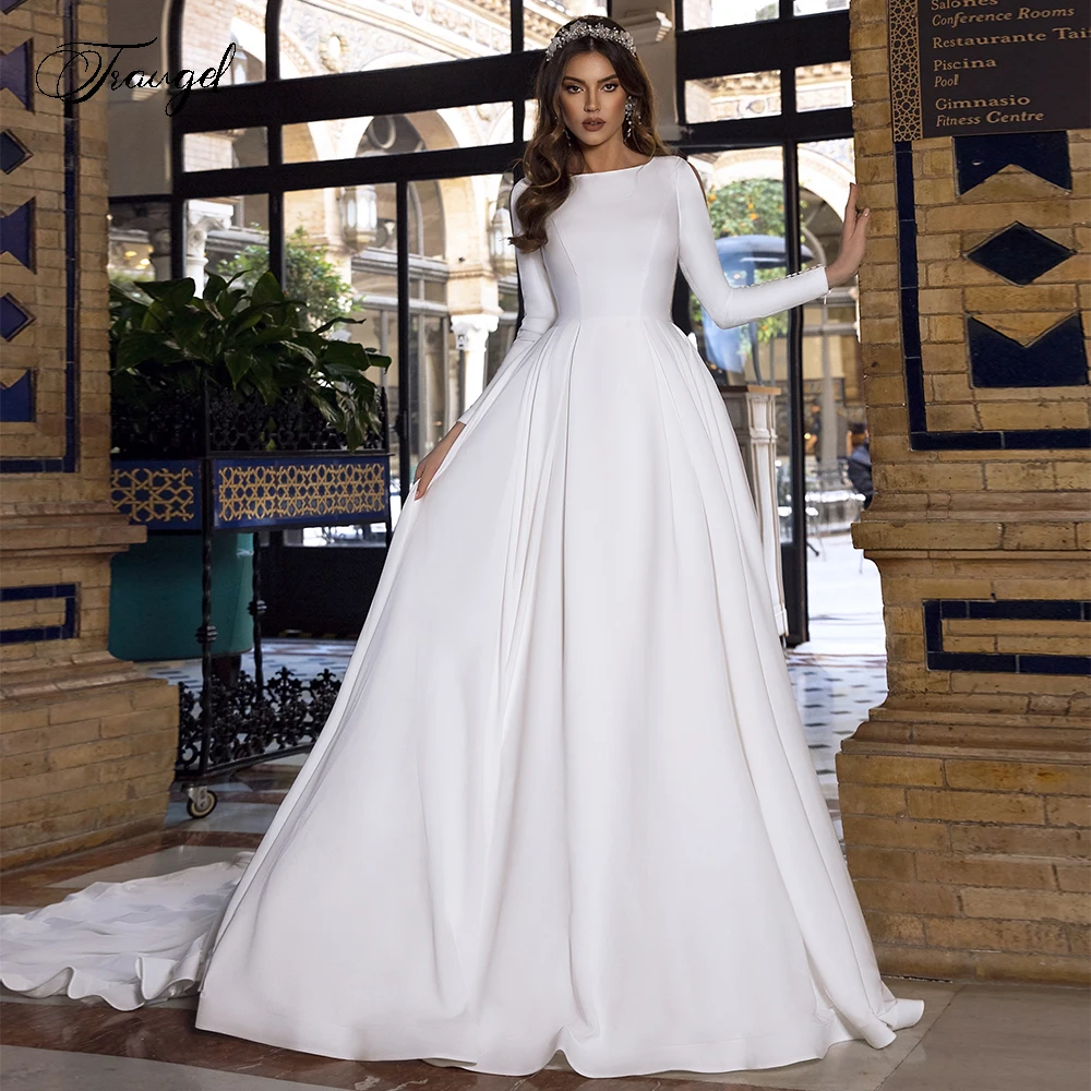 Traugel Scoop A Line Satin Muslim Wedding Dresses Elegant Chic Long Sleeve Button Bride Dress Chapel Train Bridal Gown
Traugel Scoop A Line Satin Muslim Wedding Dresses Elegant Chic Long Sleeve Button Bride Dress Chapel Train Bridal Gown