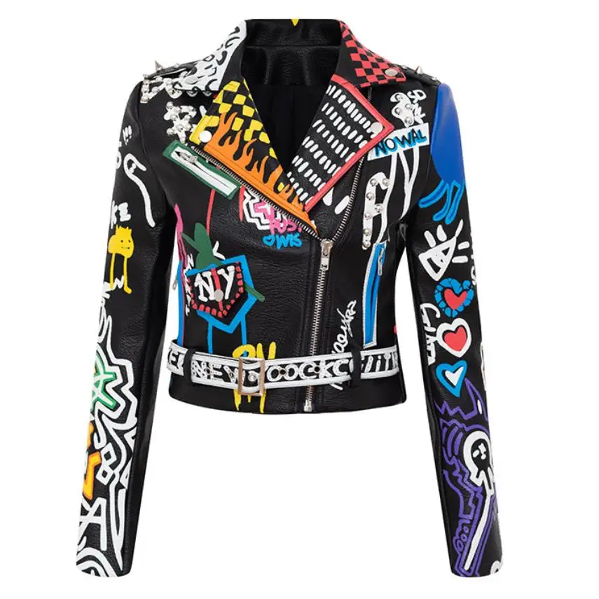 Rivet beading Pu Leather Jacket Women Graffiti Colorful Print Biker Jackets and Coats PUNK Streetwear jacket
Rivet beading Pu Leather Jacket Women Graffiti Colorful Print Biker Jackets and Coats PUNK Streetwear jacket