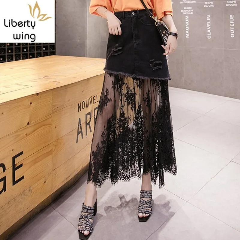 Design New Womens Summer Fashion Lace Patchwork Denim High Waist Hole Ripped Female Slim Fit Wrap Long Skirts Plus Size
Design New Womens Summer Fashion Lace Patchwork Denim High Waist Hole Ripped Female Slim Fit Wrap Long Skirts Plus Size