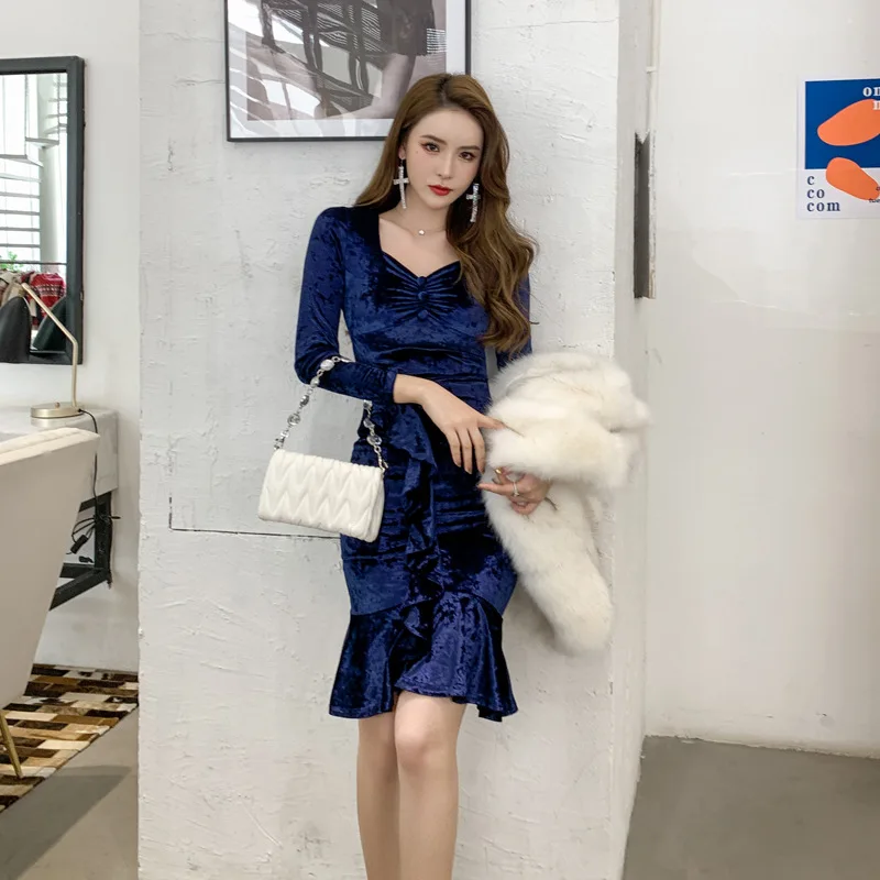 Women French Elegant Mermaid Velvet Bandage Dress Ruffles Package Hip Bodycon Dresses Solid-Color Show Slim One Step Vestidos
Women French Elegant Mermaid Velvet Bandage Dress Ruffles Package Hip Bodycon Dresses Solid-Color Show Slim One Step Vestidos