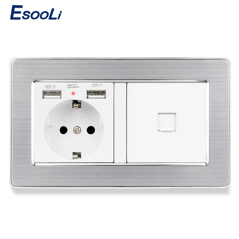 Esooli EU Standard Wall Socket 2 USB Charge Port Hidden Soft LED + 2 Gang CAT5E RJ45 Internet Stainless Steel Panel
Esooli EU Standard Wall Socket 2 USB Charge Port Hidden Soft LED + 2 Gang CAT5E RJ45 Internet Stainless Steel Panel