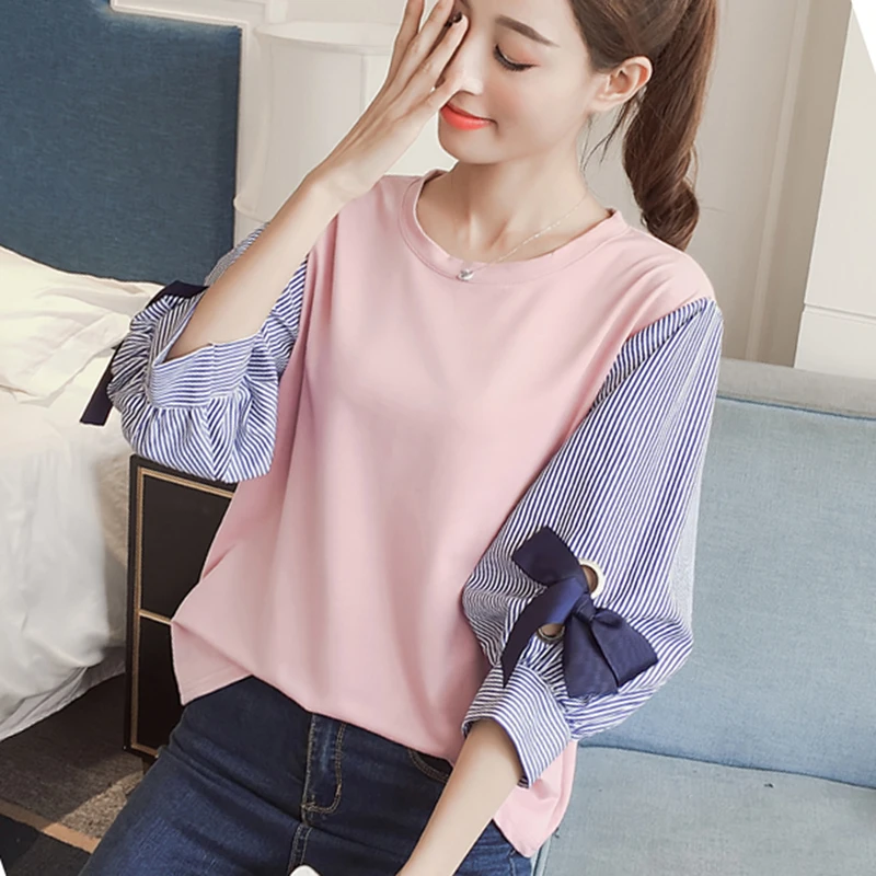 Spring summer Cotton Tops Patchwork Striped Lantern Sleeved with Bow Blouse Women Korean Style Fake Two Pieces Pink Shirts L-4xl
Spring summer Cotton Tops Patchwork Striped Lantern Sleeved with Bow Blouse Women Korean Style Fake Two Pieces Pink Shirts L-4xl