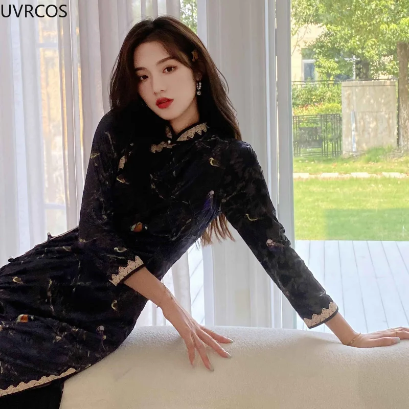 Traditional Orientale Women Velvet Cheongsam Dress Spring Autumn Elegant Print Qipao Party Dresses Female Chic Slim Vestidos
Traditional Orientale Women Velvet Cheongsam Dress Spring Autumn Elegant Print Qipao Party Dresses Female Chic Slim Vestidos
