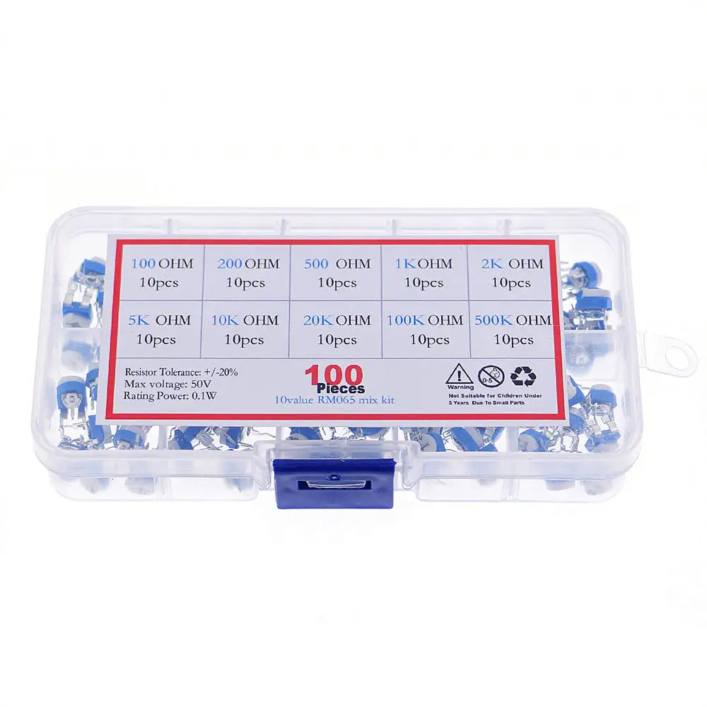 100pcs 10value RM065 (100 ohm - 500K) 6MM Horizontal Trimpot Potentiometer Assortment Kit Box 
100pcs 10value RM065 (100 ohm - 500K) 6MM Horizontal Trimpot Potentiometer Assortment Kit Box