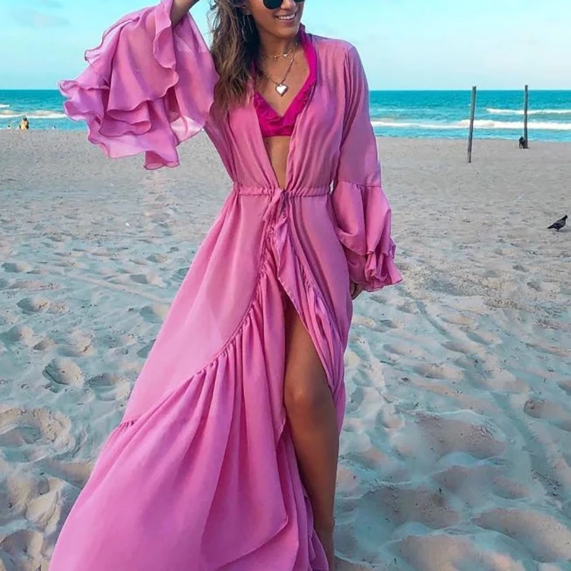 2022 Women Elegant Solid Ruffles Sleeve Beach Dress Tunic Long Pareos Bikinis Cover Ups Swim Cover up Robe Plage Beachwear Femme
2022 Women Elegant Solid Ruffles Sleeve Beach Dress Tunic Long Pareos Bikinis Cover Ups Swim Cover up Robe Plage Beachwear Femme