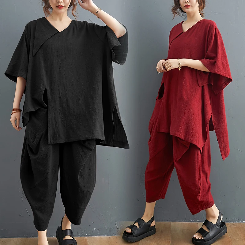 Female new summer national style plus size cotton and linen solid color loose two-piece wide-leg pants
Female new summer national style plus size cotton and linen solid color loose two-piece wide-leg pants