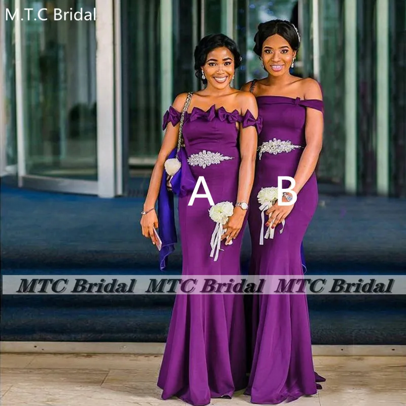 Off The Shoulder Purple Mermaid Bridesmaid Gowns Two Styles Corset Floor Length Crystals Belts African Maid Honor Party Gowns
Off The Shoulder Purple Mermaid Bridesmaid Gowns Two Styles Corset Floor Length Crystals Belts African Maid Honor Party Gowns