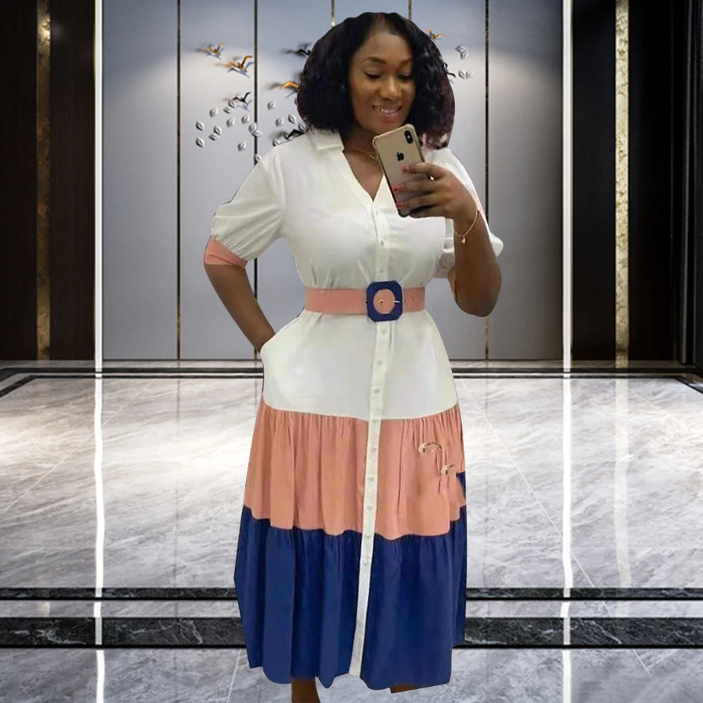 African 2021 New Fashion Dresses With Sashes Women Turn-down Collar Short Sleeve Patchwork Pleated Maxi Dress Elegant Femme
African 2021 New Fashion Dresses With Sashes Women Turn-down Collar Short Sleeve Patchwork Pleated Maxi Dress Elegant Femme