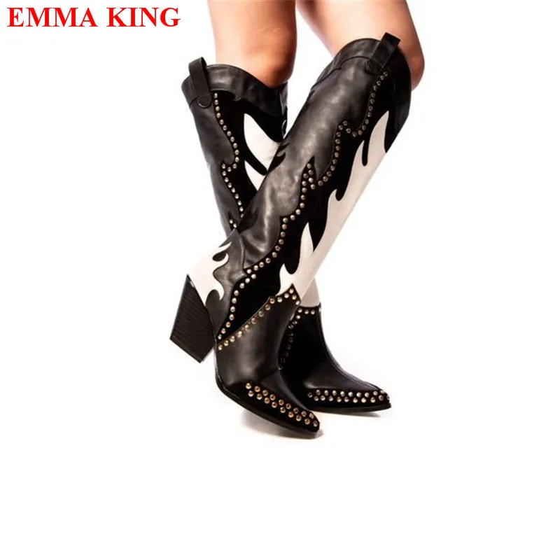 Fashion Women Chunky Heel Rivet Stud Cowboy Boots Winter Black Wedge Slip On Western Boots Patchwork Pointed Toe Knee High Boots
Fashion Women Chunky Heel Rivet Stud Cowboy Boots Winter Black Wedge Slip On Western Boots Patchwork Pointed Toe Knee High Boots