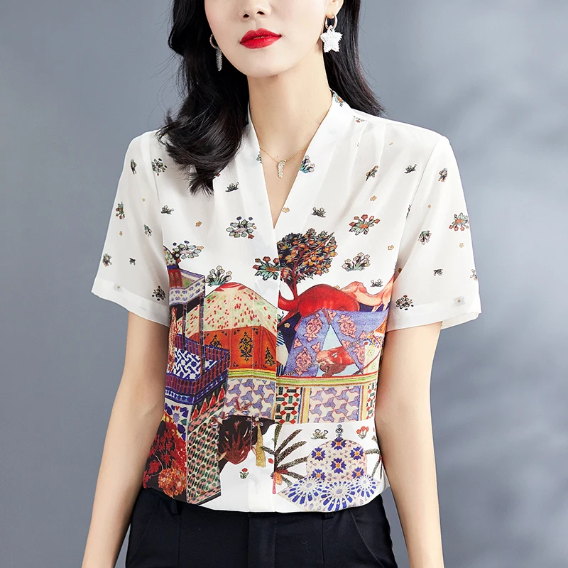 Summer Women White Shirt Elegant V-neck Short Sleeve Loose Shirts Blouses 100% Pure Real Silk Office Lady Printed Blouse Tops
Summer Women White Shirt Elegant V-neck Short Sleeve Loose Shirts Blouses 100% Pure Real Silk Office Lady Printed Blouse Tops