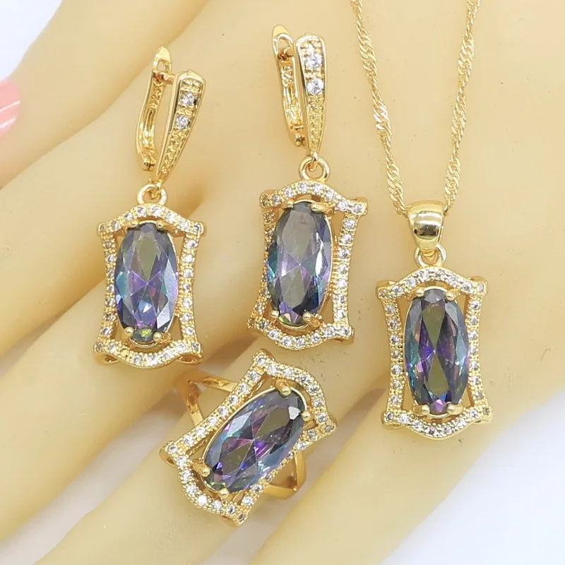 Geometric Rainbow Zircon Gold Color Jewelry Sets for Women Party Wedding Hoop Earrings Necklace Pendant Rings Free Gift Box
Geometric Rainbow Zircon Gold Color Jewelry Sets for Women Party Wedding Hoop Earrings Necklace Pendant Rings Free Gift Box