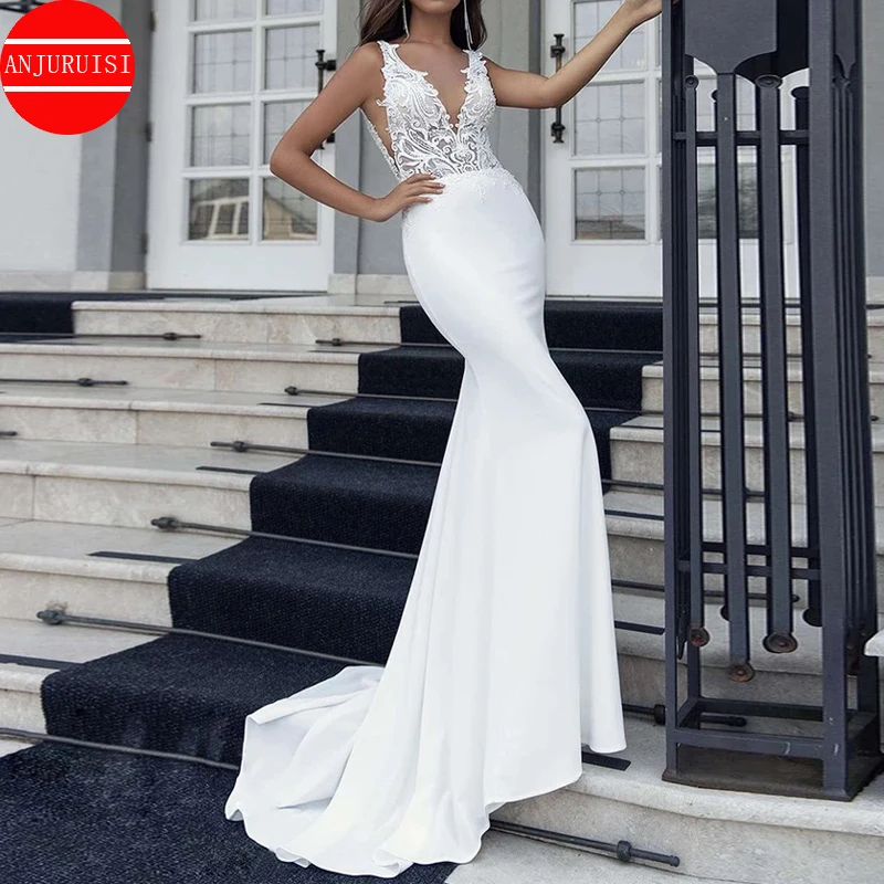 V-Neck Mermaid Wedding Dresses 2022 Sleeveless Lace Backless Satin Cheap Vintage Long White Bridal Gown For Women Sweep Train
V-Neck Mermaid Wedding Dresses 2022 Sleeveless Lace Backless Satin Cheap Vintage Long White Bridal Gown For Women Sweep Train