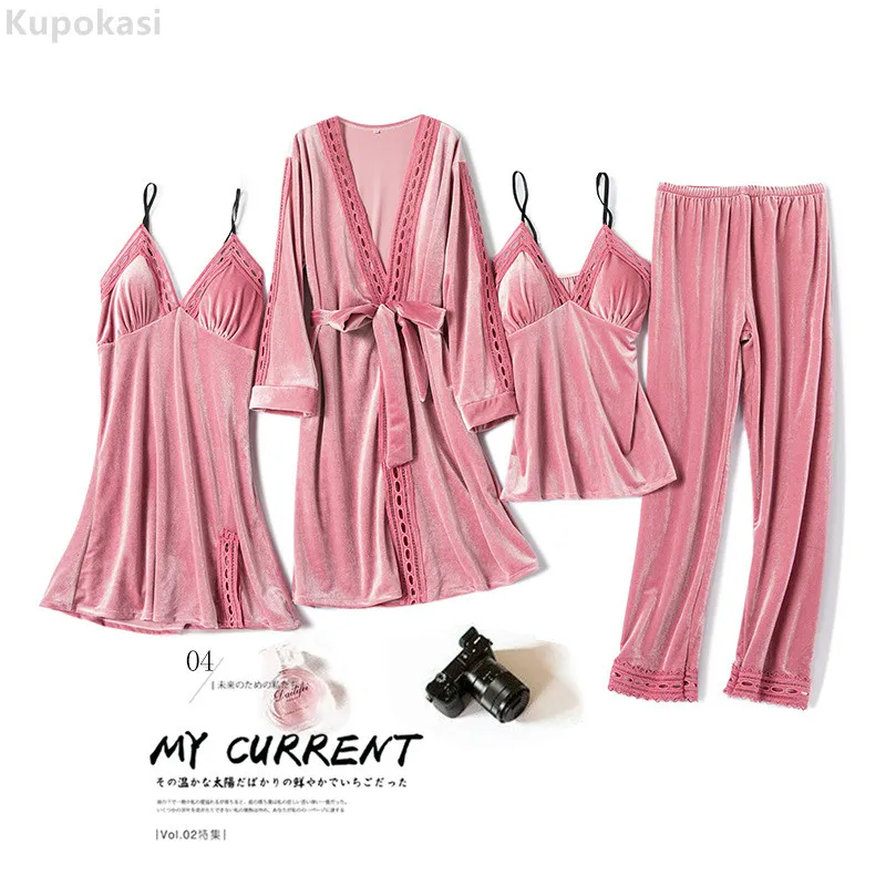 Kupokasi Gold Velvet Pajamas Set 4-piece Long-sleeved Nightdress Sexy Lace Spring Autumn Warm Winter Sleepwear Women Suit
Kupokasi Gold Velvet Pajamas Set 4-piece Long-sleeved Nightdress Sexy Lace Spring Autumn Warm Winter Sleepwear Women Suit