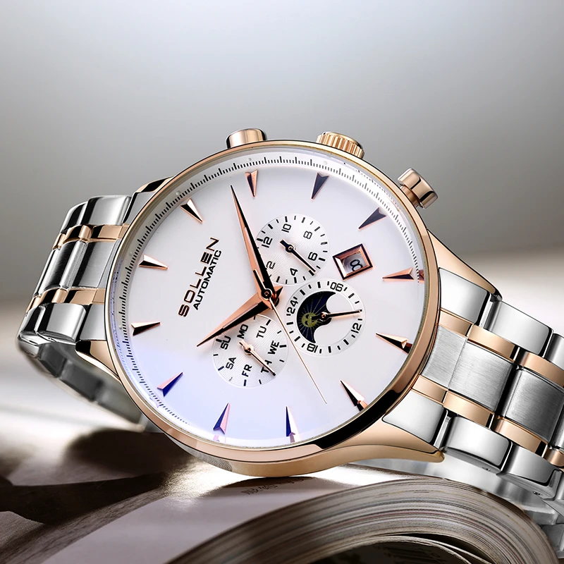 Luxury Brand Switzerland SOLLEN Automatic Mechanical Men's Watches Sapphire Multi-function Moon Phase Steel Waterproof SL303-1
Luxury Brand Switzerland SOLLEN Automatic Mechanical Men's Watches Sapphire Multi-function Moon Phase Steel Waterproof SL303-1