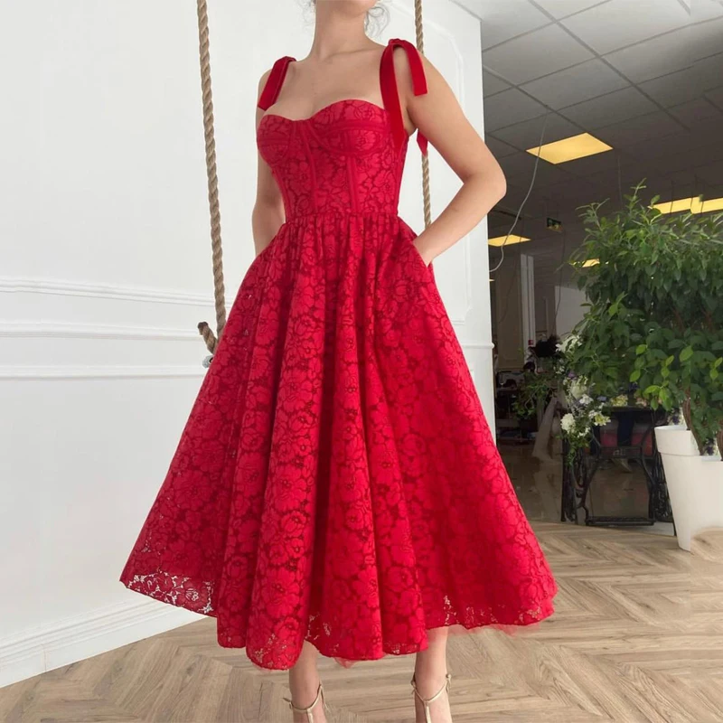 Elegant Sweetheart Spaghetti Straps Red Lace Tea Length Prom Dress A-Line Evening Gowns for Women
Elegant Sweetheart Spaghetti Straps Red Lace Tea Length Prom Dress A-Line Evening Gowns for Women