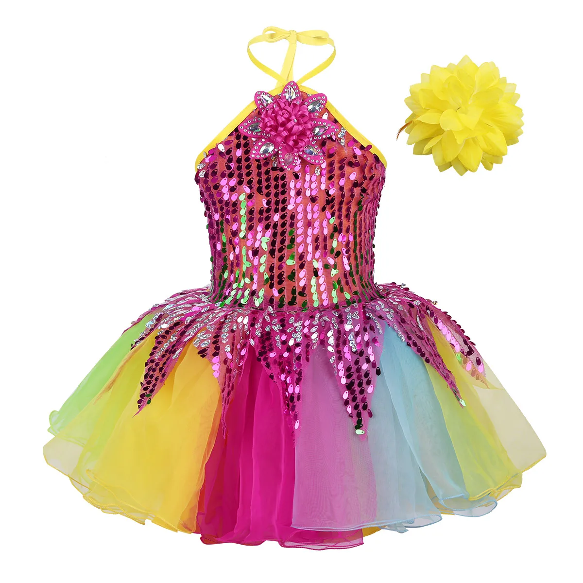 Kids Halter Sequin Flower Applique Colorful Ballet Tutu Dress with Wristband Girls Stage Performance Ballroom Jazz Dance Costume
Kids Halter Sequin Flower Applique Colorful Ballet Tutu Dress with Wristband Girls Stage Performance Ballroom Jazz Dance Costume