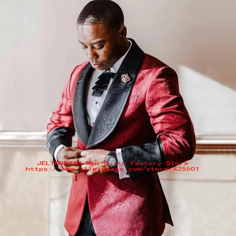 2022 Handsome Burgundy Floral Jacquard Prom Men Suits With Pants Slim Fit Black Shawl Lapel Wedding Groom Tuxedo Male Clothes
2022 Handsome Burgundy Floral Jacquard Prom Men Suits With Pants Slim Fit Black Shawl Lapel Wedding Groom Tuxedo Male Clothes