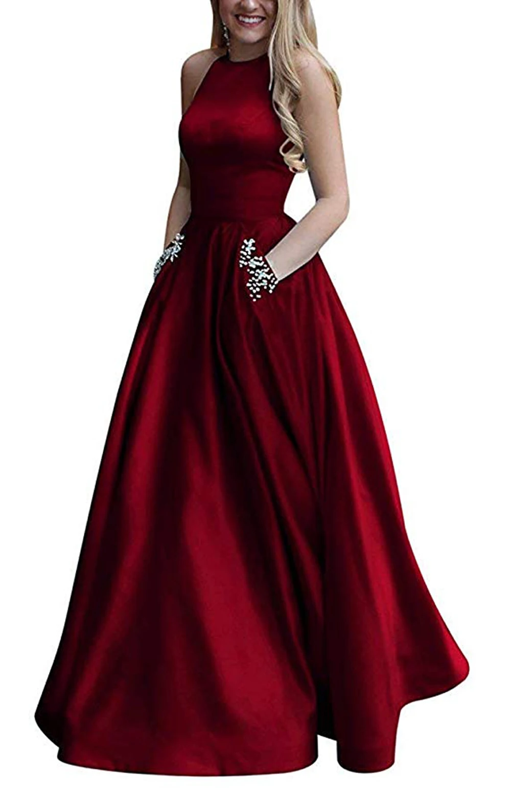 A-Line Elegant Burgundy Prom Dress Crew Neck Floor Length Bridal Sleeveless Back Cutout Evening Cocktail Gown with Pockets
A-Line Elegant Burgundy Prom Dress Crew Neck Floor Length Bridal Sleeveless Back Cutout Evening Cocktail Gown with Pockets