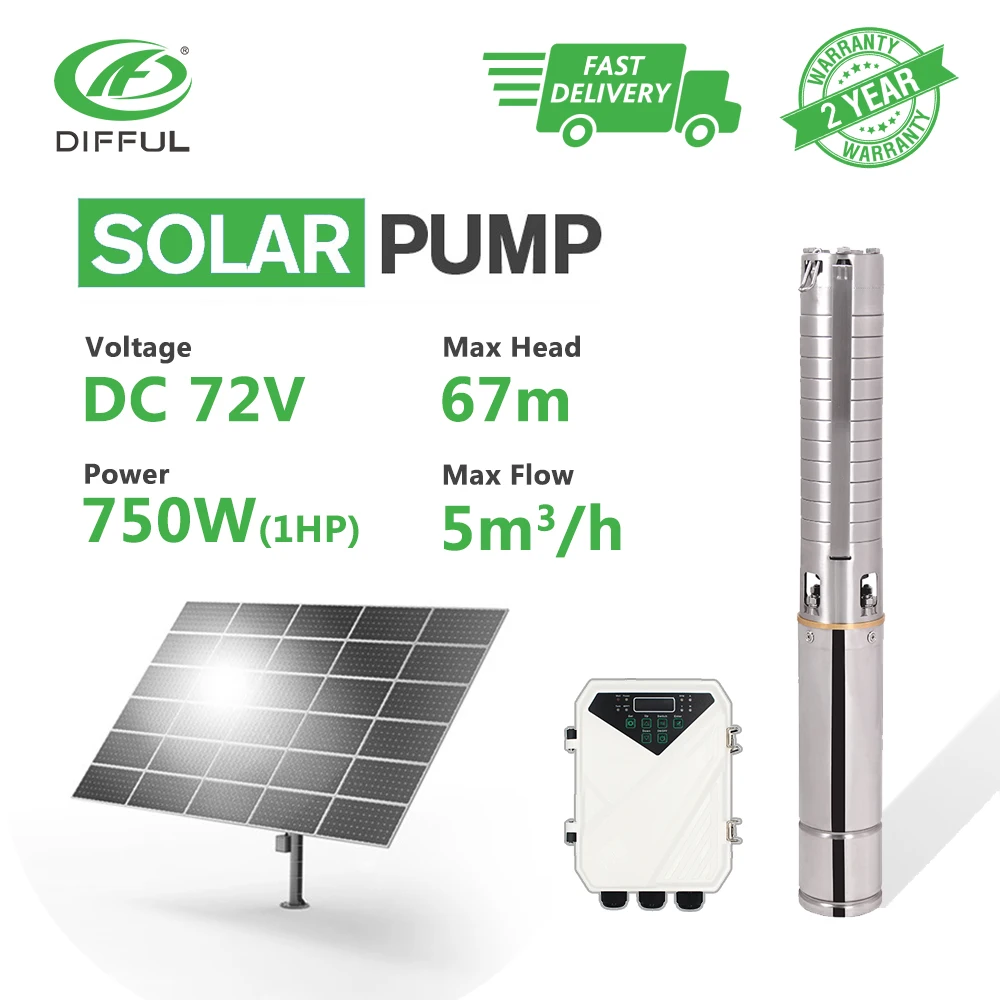 4" DC Deep Well Solar Water Pump 72V 1HP MPPT Controller Stainless Steel Impeller Submersible Borehole (Max Head 67m, Flow 5T/H)
4" DC Deep Well Solar Water Pump 72V 1HP MPPT Controller Stainless Steel Impeller Submersible Borehole (Max Head 67m, Flow 5T/H)