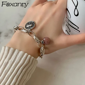 FOXANRY 실버 컬러 코끼리 팔찌, 여성용 커플 패션, 빈티지 수제 핑크 크리스탈 파티 쥬얼리 선물