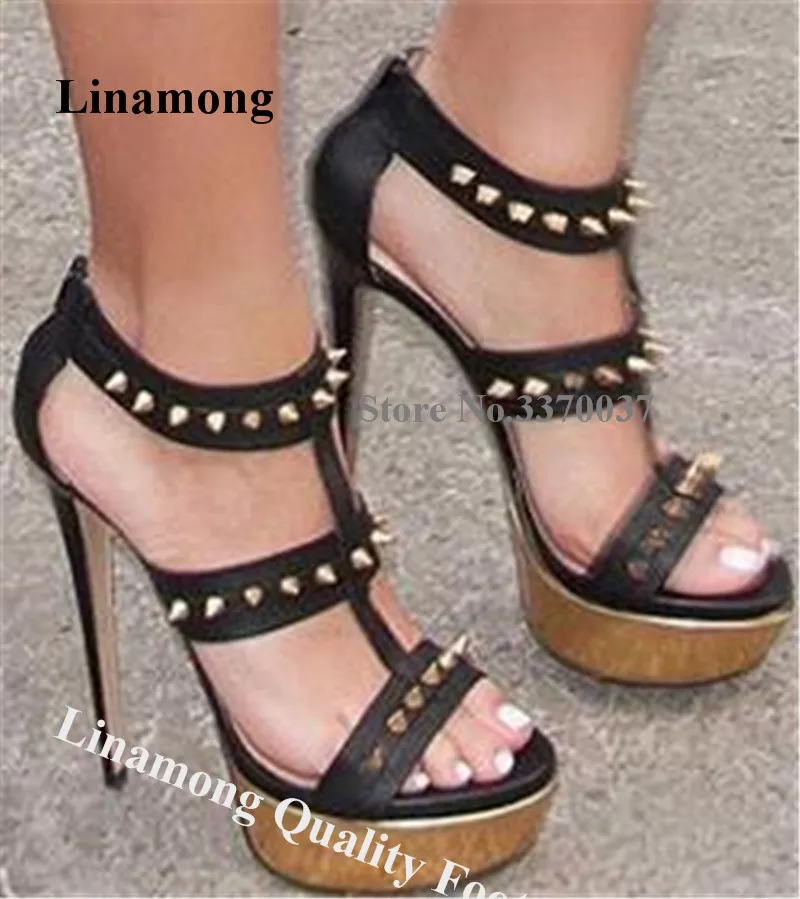 Linamong Women Elegant Black Gold Patchworl High Platform Stiletto Heel Rivet Sandals Back Zipper-up Studded High Heel Sandals
Linamong Women Elegant Black Gold Patchworl High Platform Stiletto Heel Rivet Sandals Back Zipper-up Studded High Heel Sandals