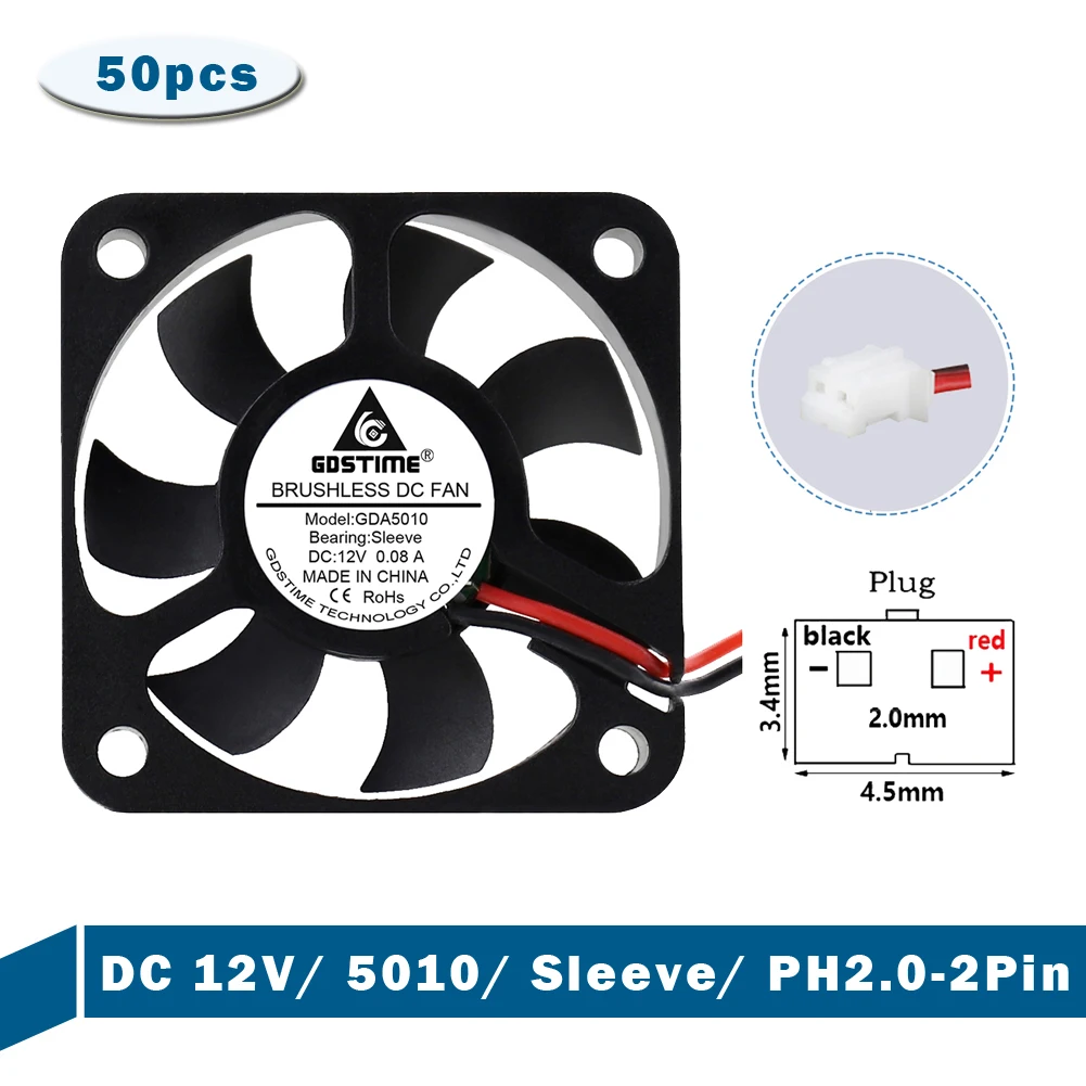50pcs Gdstime 5010s 50mm x 10mm DC 12V 2Pin Brushless Mini Cooling Heatsink Axial Fan 50MM 10MM 5cm Laptop 3D Printer Cooler Fan
50pcs Gdstime 5010s 50mm x 10mm DC 12V 2Pin Brushless Mini Cooling Heatsink Axial Fan 50MM 10MM 5cm Laptop 3D Printer Cooler Fan