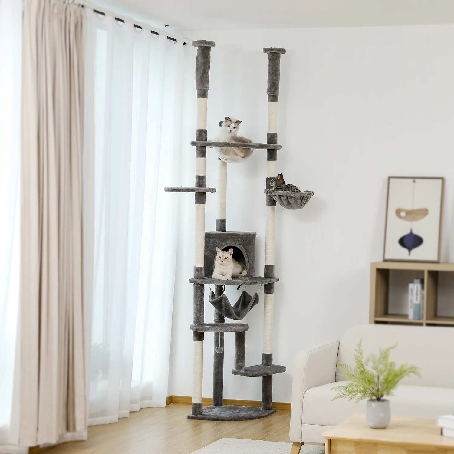 Cat Tower 5-Tier Cat Tree Floor-to-Ceiling Activity Center Kitty Climbing Tower with Condo Hammock and Dangling Balls
Cat Tower 5-Tier Cat Tree Floor-to-Ceiling Activity Center Kitty Climbing Tower with Condo Hammock and Dangling Balls