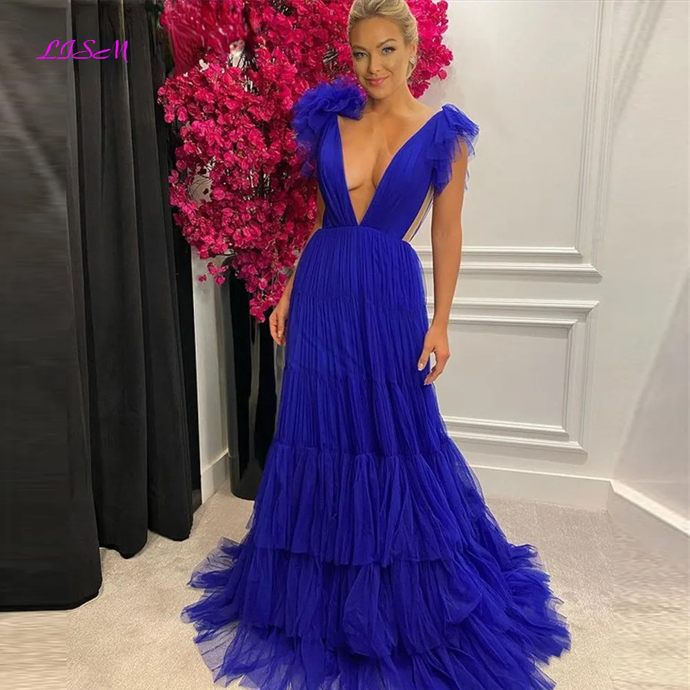 Sexy Backless Deep V-Neck Prom Dresses Long Royal Blue Tiered Skirt Tulle Evening Gowns Formal Special Occasion Dress
Sexy Backless Deep V-Neck Prom Dresses Long Royal Blue Tiered Skirt Tulle Evening Gowns Formal Special Occasion Dress