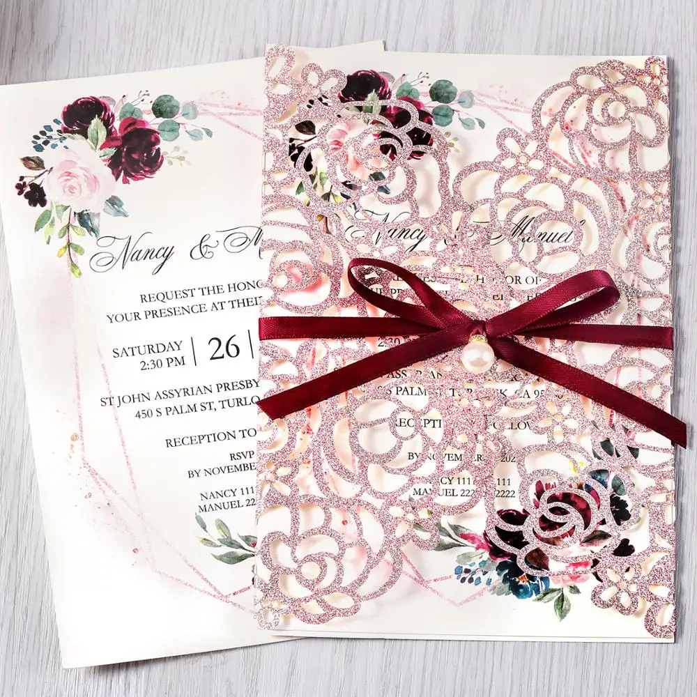 50pcs Rose Gold Glitter Laser Cut Floral Invitation Cards for Wedding / Party / Quinceanera / Anniversary / Birthday, CW0024
50pcs Rose Gold Glitter Laser Cut Floral Invitation Cards for Wedding / Party / Quinceanera / Anniversary / Birthday, CW0024