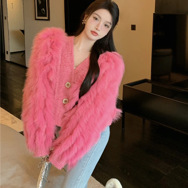 Fur Stitching Knit Sweater Cardigan Jacket Women Autumn Winter 2022 New Short Pink Tops V-Neck Fashion Thick Warm Sweater Female
Fur Stitching Knit Sweater Cardigan Jacket Women Autumn Winter 2022 New Short Pink Tops V-Neck Fashion Thick Warm Sweater Female
