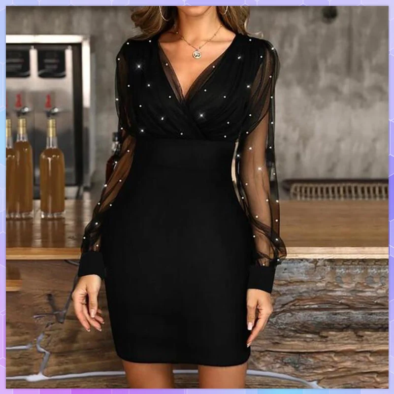 Elegant Women Dress Sexy Lace Mesh Patchwork Long Sleeve Party Dresses Female V-neck Sequins Slim Bodycon Dress Vestido Spring
Elegant Women Dress Sexy Lace Mesh Patchwork Long Sleeve Party Dresses Female V-neck Sequins Slim Bodycon Dress Vestido Spring