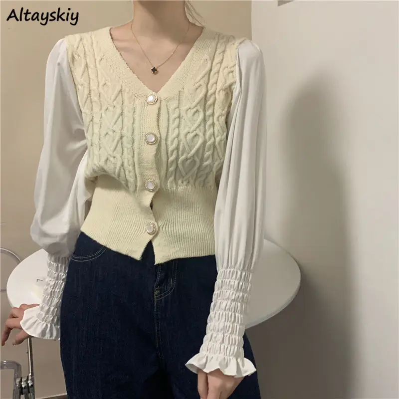 Women Cardigans Patchwork Puff Sleeve Elegant V-neck Cropped Knit Tops Slim Temperament OL Single Breasted Sweater Female Spring
Women Cardigans Patchwork Puff Sleeve Elegant V-neck Cropped Knit Tops Slim Temperament OL Single Breasted Sweater Female Spring