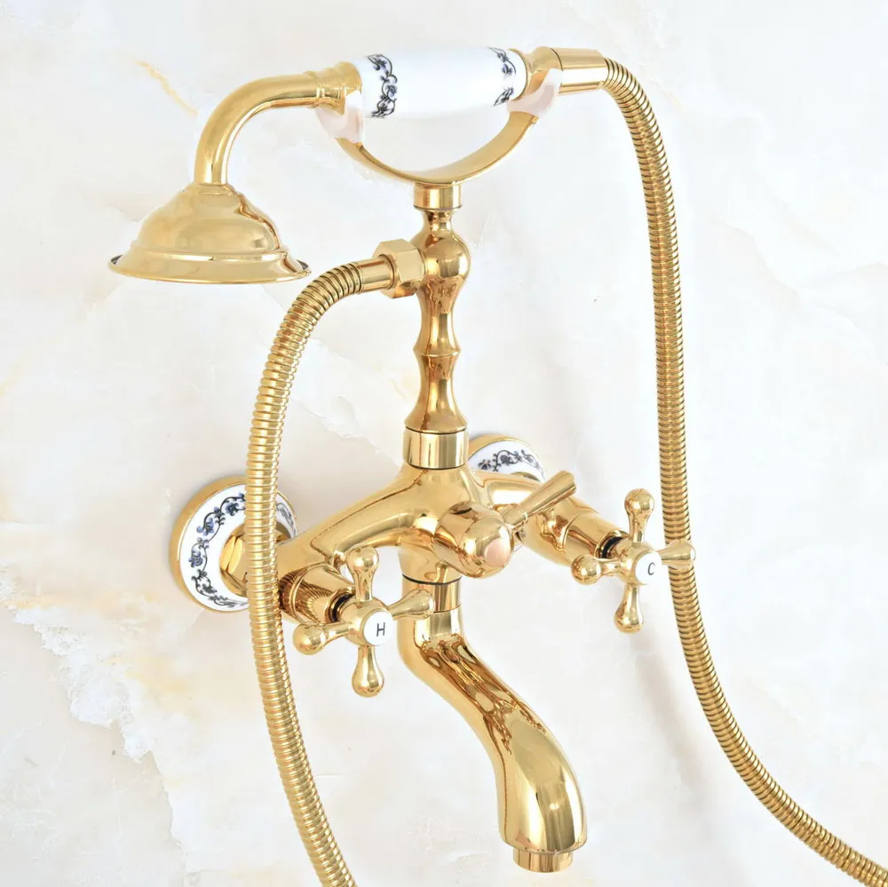 Gold Color Brass Shower Faucet Set W/ Tub Spout Hand Shower Wall Mounted Hot and Cold Mixer Tap Bathroom Faucets zna805 
Gold Color Brass Shower Faucet Set W/ Tub Spout Hand Shower Wall Mounted Hot and Cold Mixer Tap Bathroom Faucets zna805