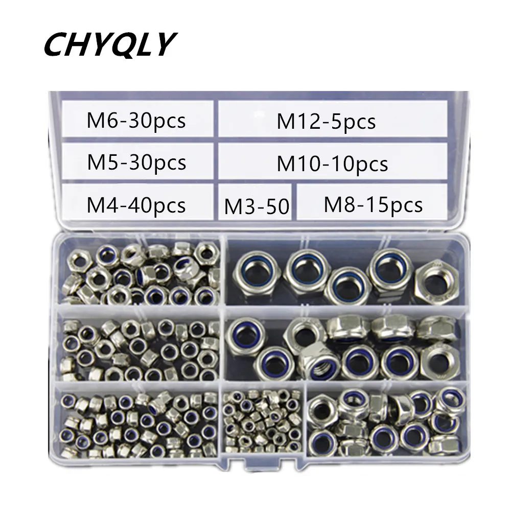 180pcs/Set 304 Stainless Steel Hex Head Nylon Self-Insert Locking Nuts M3 M4 M5 M6 M8 M10 M12 Nut Kit
180pcs/Set 304 Stainless Steel Hex Head Nylon Self-Insert Locking Nuts M3 M4 M5 M6 M8 M10 M12 Nut Kit