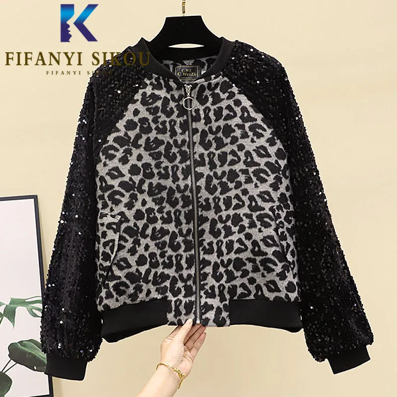 Leopard Print Jacket Women Sequins Spliced Fashion Short Coat Spring Autumn Loose O-Neck Zipper Bomber Jacket Female 2021 New
Leopard Print Jacket Women Sequins Spliced Fashion Short Coat Spring Autumn Loose O-Neck Zipper Bomber Jacket Female 2021 New