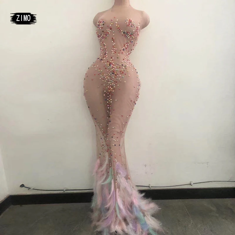 Sexy Rhinestones See Through Mesh Mermaid pearl Long Dress Women Halter sheer birthday Party pink Feathers Singer Stage Clothing
Sexy Rhinestones See Through Mesh Mermaid pearl Long Dress Women Halter sheer birthday Party pink Feathers Singer Stage Clothing
