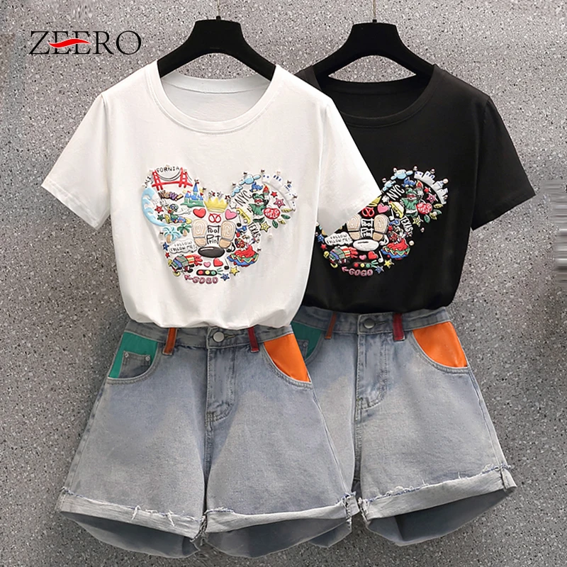 Summeer Women 2 Piece Set O-Neck Cartoon Pictures Short Sleeve T-shirt Top + High Waist Color Contrast Short Jeans Suit Oversize
Summeer Women 2 Piece Set O-Neck Cartoon Pictures Short Sleeve T-shirt Top + High Waist Color Contrast Short Jeans Suit Oversize