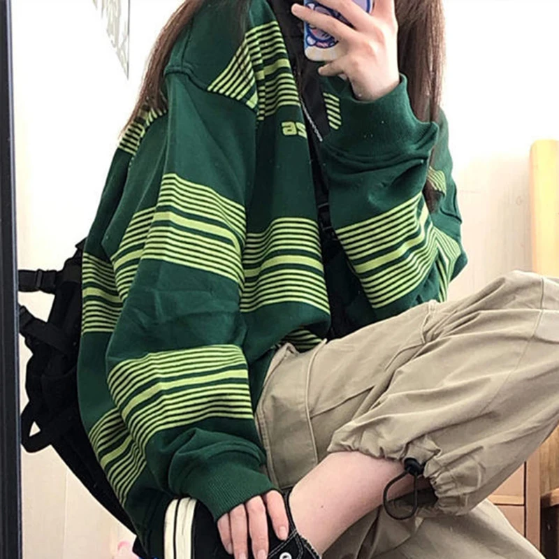 Chic Striped Long Sleeve Women T Shirts Autumn Thin Fashion Print Vintage High Street Oversized Punk Hip Hop Clothes Black Green
Chic Striped Long Sleeve Women T Shirts Autumn Thin Fashion Print Vintage High Street Oversized Punk Hip Hop Clothes Black Green