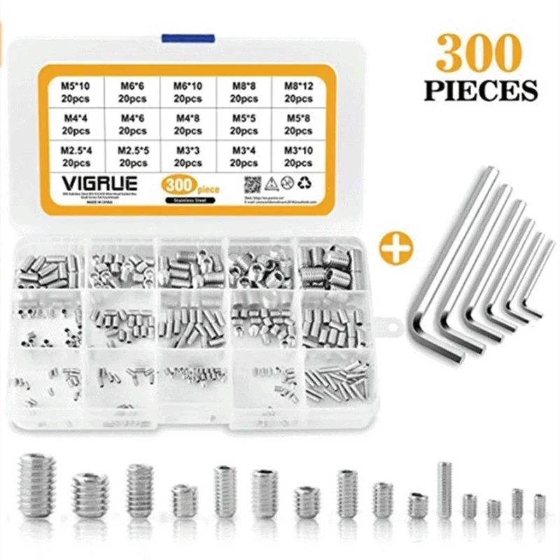 300Pcs Hexagon Socket Set Screw Flat Point Grub Screw Assortment Kit 304 Stainless Steel M2.5 M3 M4 M5 M6 M8 Headless Set Screw
300Pcs Hexagon Socket Set Screw Flat Point Grub Screw Assortment Kit 304 Stainless Steel M2.5 M3 M4 M5 M6 M8 Headless Set Screw