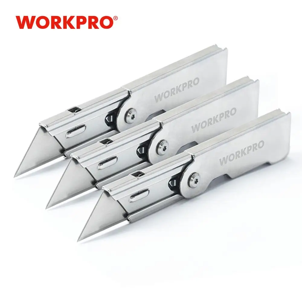 Складной универсальный нож WORKPRO 3 шт., быстросменный стандартный нож с зажимом для ремня, лезвие для резки бумаги в коробке
Складной универсальный нож WORKPRO 3 шт., быстросменный стандартный нож с зажимом для ремня, лезвие для резки бумаги в коробке