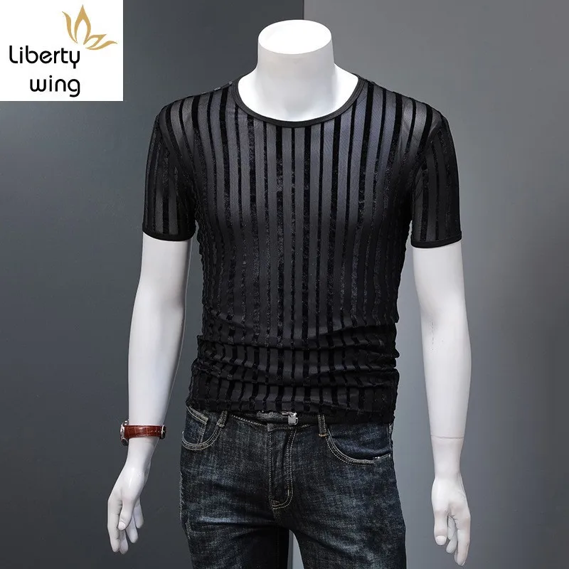 Brand Black Half Transparent Hollow Short Sleeve Men Summer Personalized Lightweight Striped Slim O-Neck Tops Tshirt 4XL
Brand Black Half Transparent Hollow Short Sleeve Men Summer Personalized Lightweight Striped Slim O-Neck Tops Tshirt 4XL