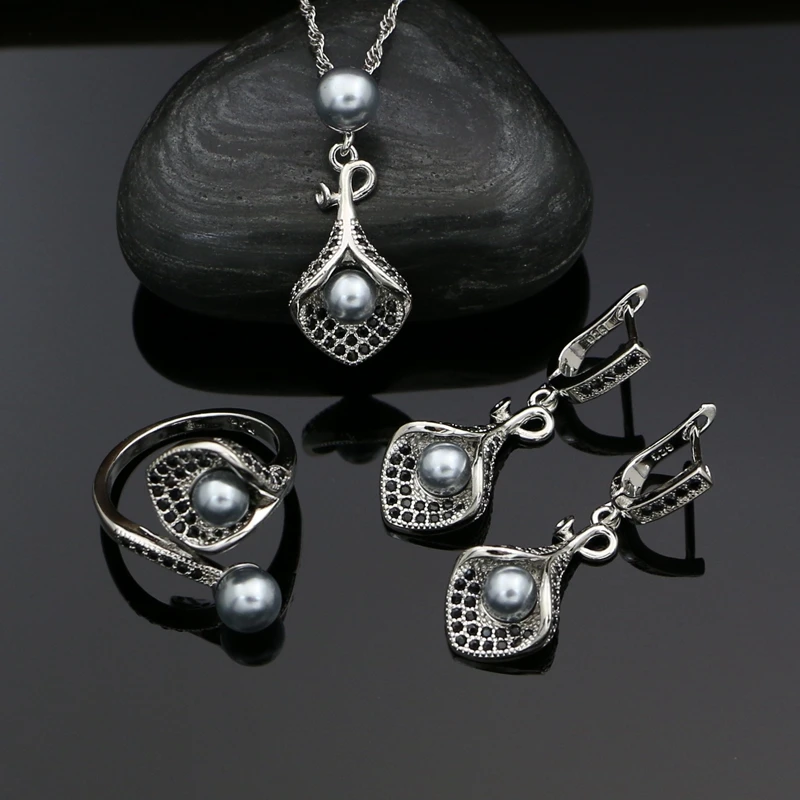 925 Silver Jewelry Sets For Women Party Accessories Grey Pearl Beads Black Stones Earrings Necklace Peandant Ring Set
925 Silver Jewelry Sets For Women Party Accessories Grey Pearl Beads Black Stones Earrings Necklace Peandant Ring Set